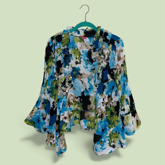 Sunny Leigh Tops - Sunny Leigh Blue and Green Floral Ruffle Neck Button Up Blouse